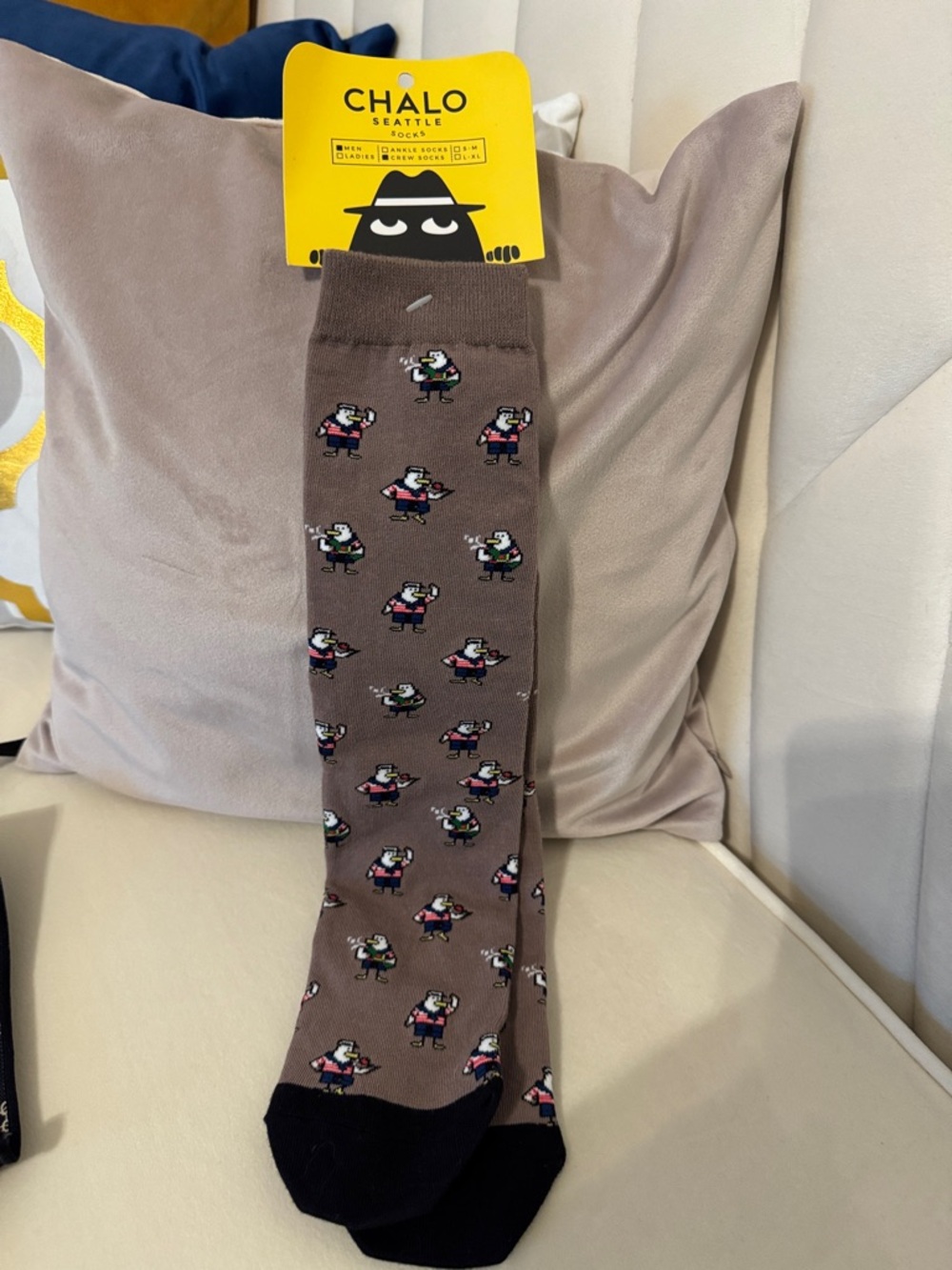CHALOU Brown Crew Socks with Multicolor Duck Motif